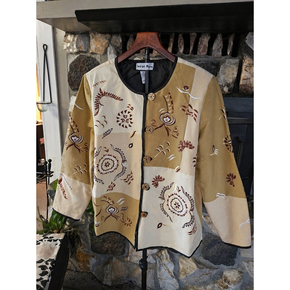 Indigo Moon Boho Embroidered Jacket Large Neutral Art To Wear Button Front